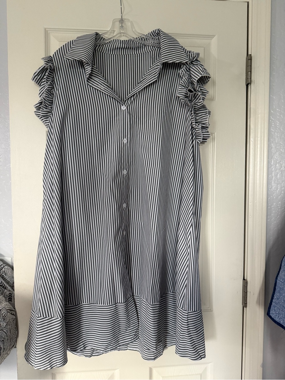 SHEIN Navy and White Striped Ruffle Sleeve Shirt Dress